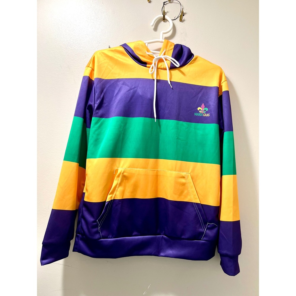 Mardi Gras‎ Hoodie Mens Medium Purple Green Gold Striped Fleur De Lis Pullover - Picture 2 of 8